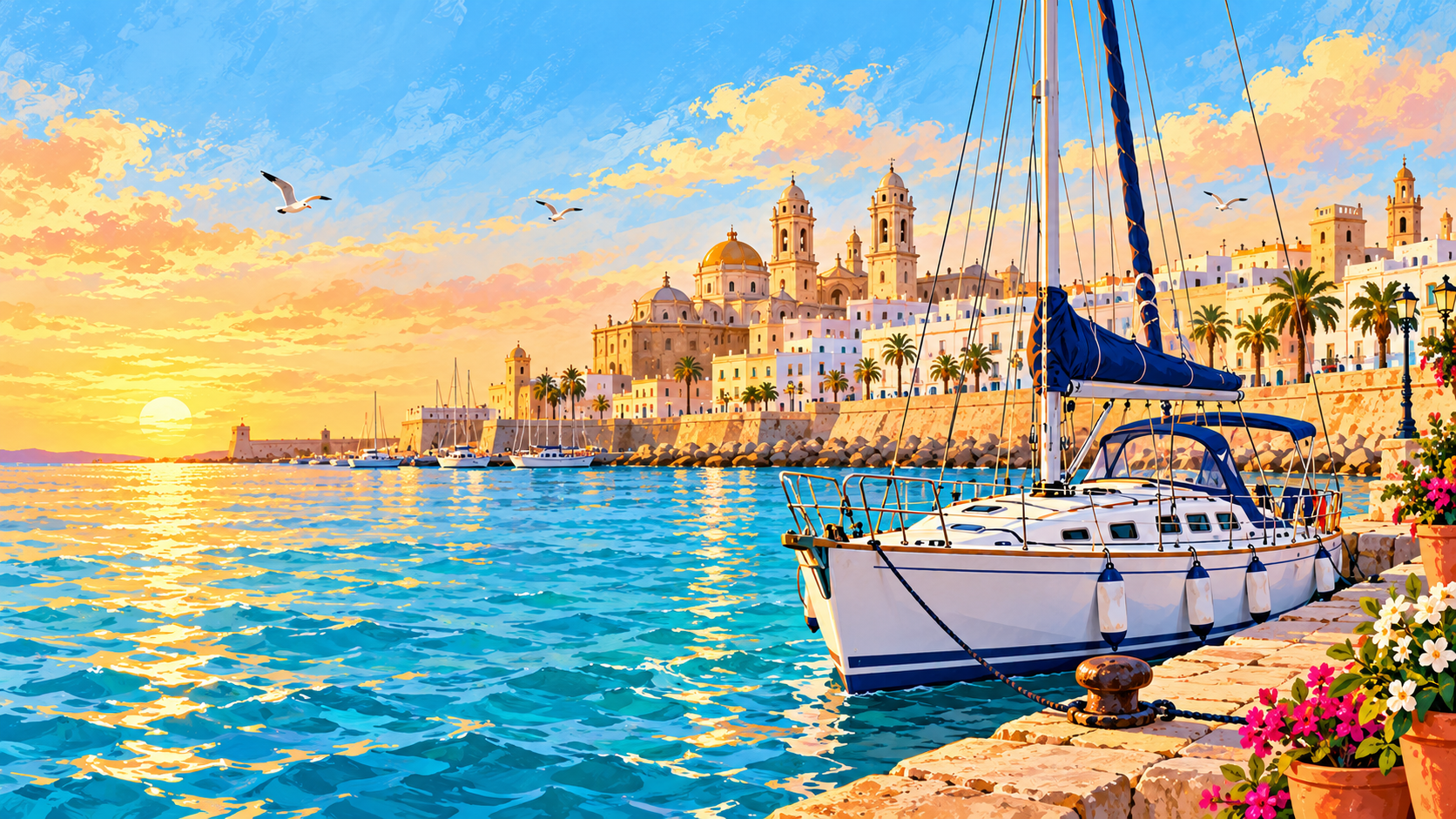 Ilustración decorativa de un velero amarrado frente a Cádiz al atardecer